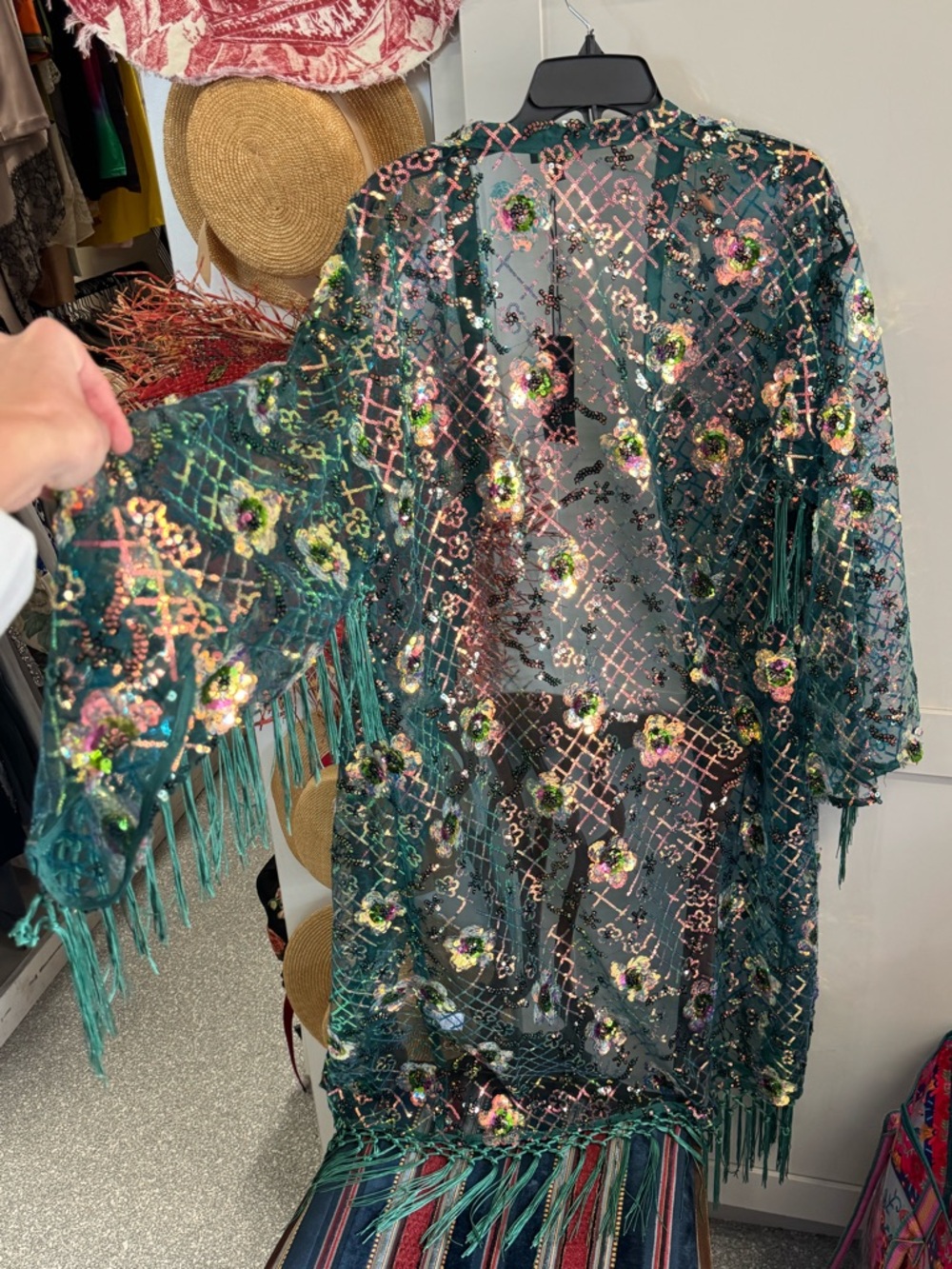 CLUB EXX DOLLSKILL- Embellished Teal Sheer Kimono Cardigan with Fringe - Picture 4 of 4